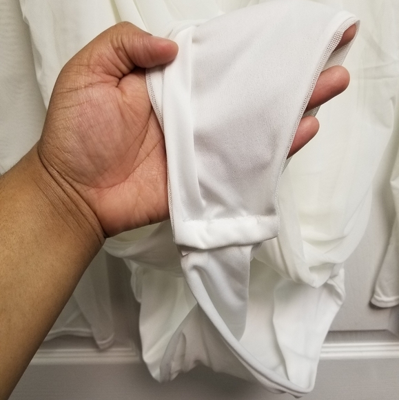 Pretty Little Thing Plus Size White Mesh Ruched Frill Ruffle Longsleeve Bodysuit - Picture 10 of 16